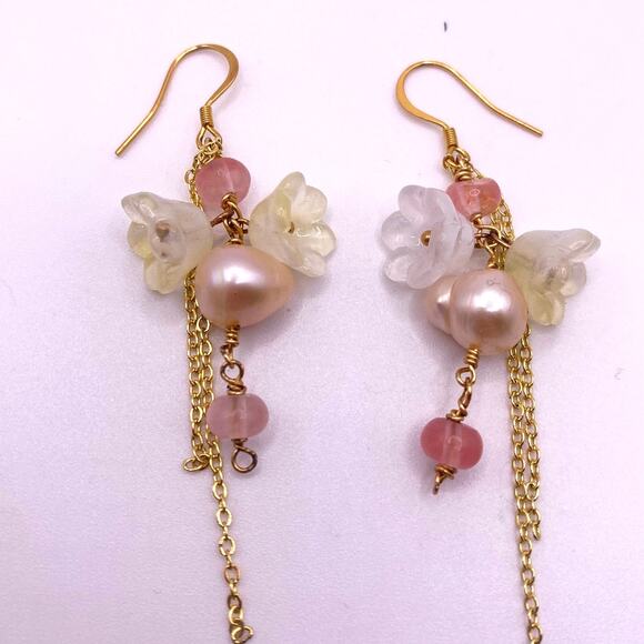 Handmade Flower Drop Earrings Stainless Steel Quartz Beads and Acrylic Flowers - Picture 1 of 4